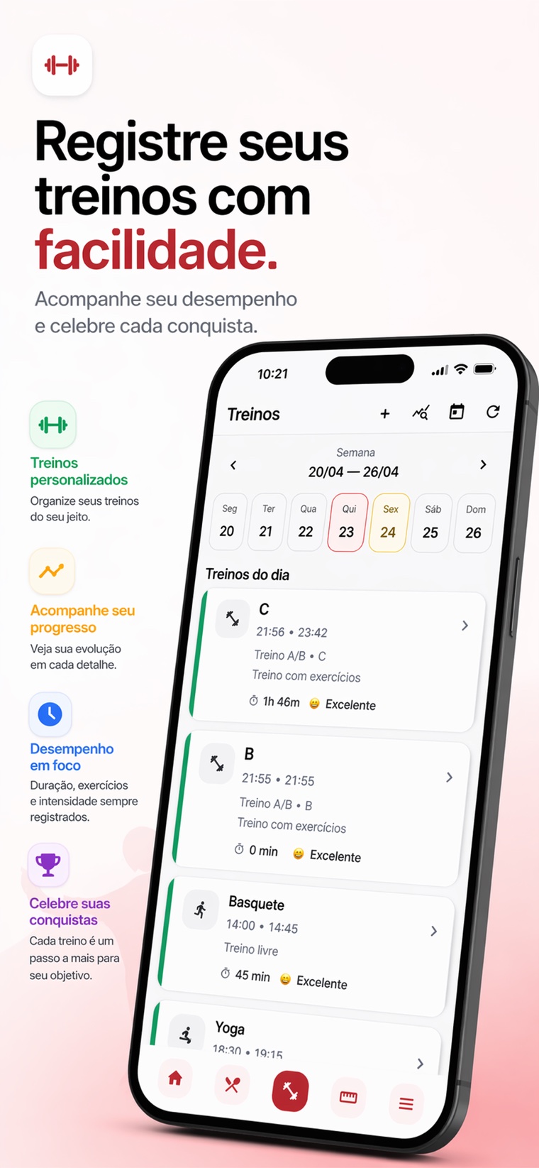 Tela do app MeuTreino para registro de treinos